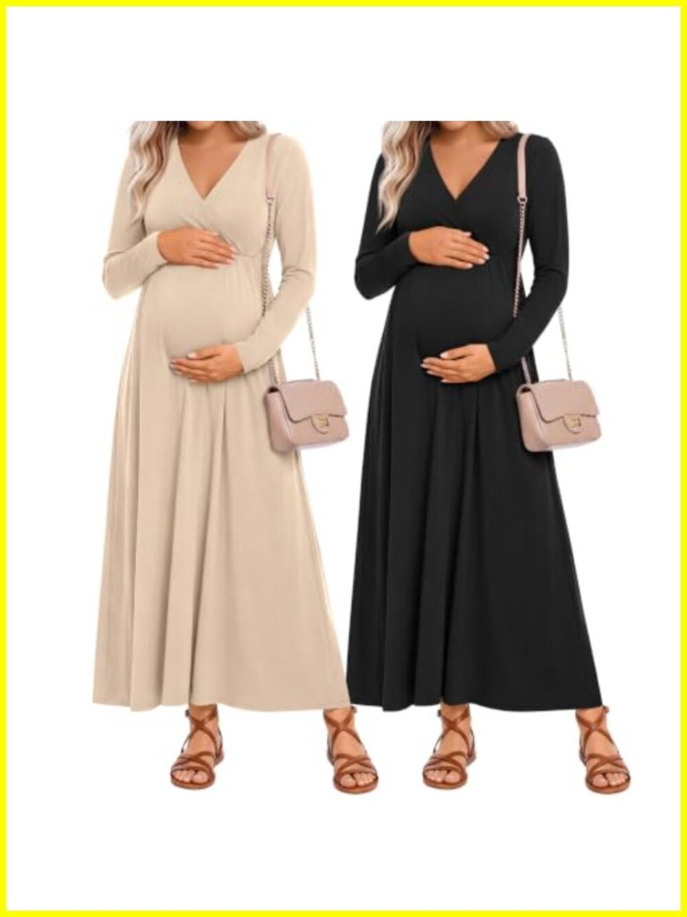 2 Pcs Maternity Maxi Dresses Long Sleeve Wrap V-Neck Nursing Dress with Pockets